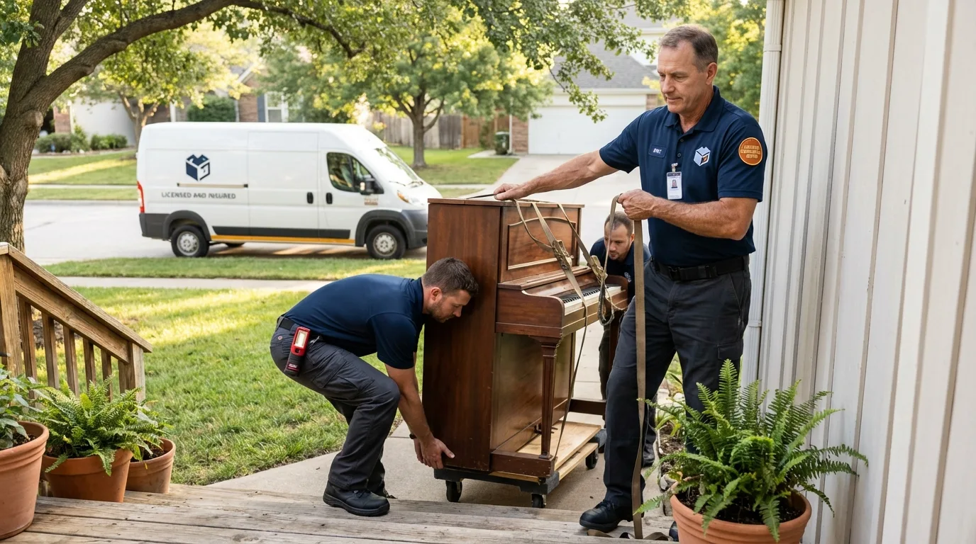 Licensed piano movers securing grand piano in Clemmons, NC
