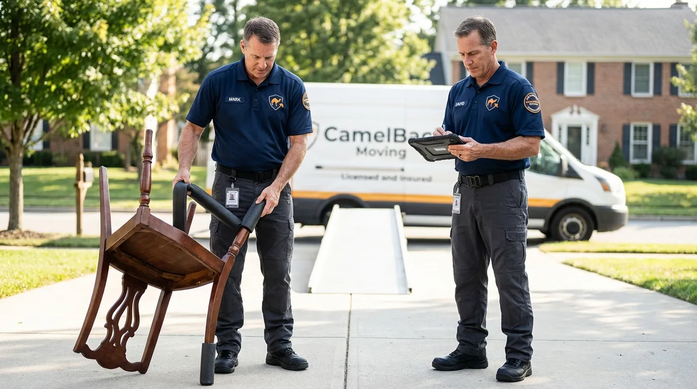 Movers inspecting furniture for damage prevention before loading in Clemmons, NC