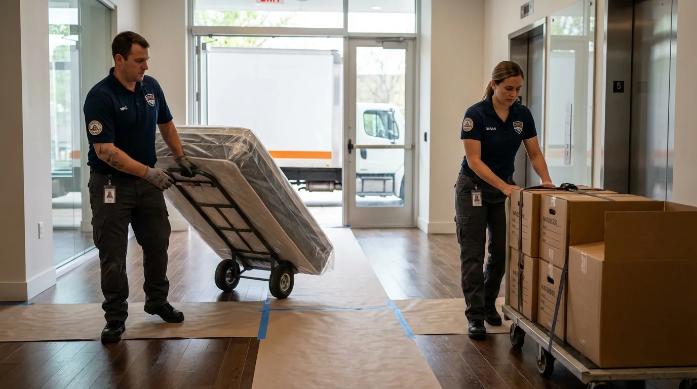 Professional apartment movers loading elevator in Clemmons, NC